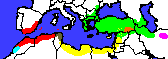 Mapka přirozeného výskytu želv žlutohnědých.